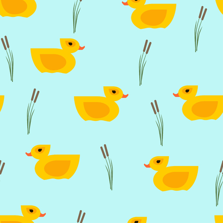 Seamless vector yellow duck pattern on blue background for wrapping, craft, fabric, textileの写真素材