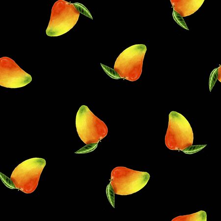 Watercolour mango pattern on black background for branding, wrapping, craft, textile, fabricの写真素材
