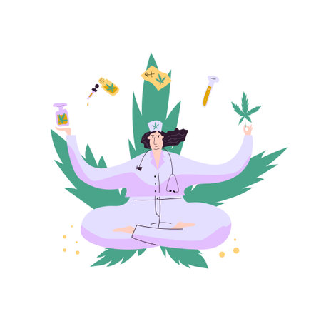Doctor surrounded by cannabis drugs on marijuanaのイラスト素材