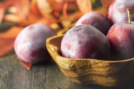 Some ripe purple plums in a wooden natural bowl, closeup, low key.の写真素材
