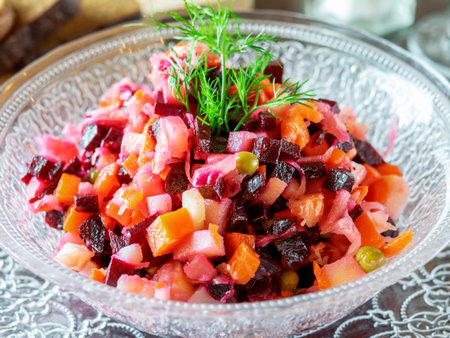 The vinaigrette of various boiled vegetables in the transparent glass bowl on the table of restaurant. の写真素材