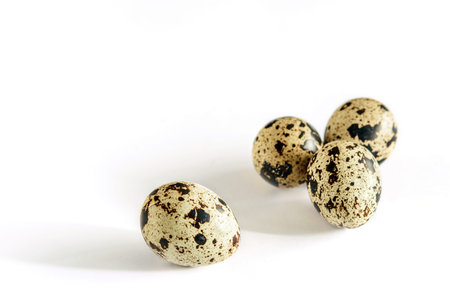Quial spotted eggs closeup isolated on the white background. Healthy diet food concept. 
