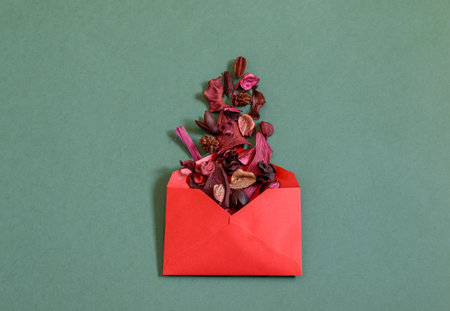Red envilope with rose dry petals on the green background. Mock up flat lay photo, copy space. Nice...