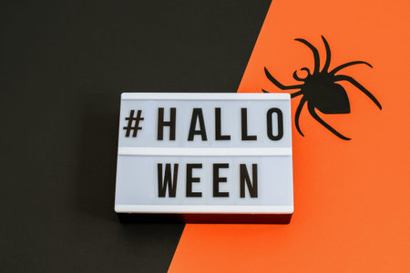 Decorative spider on the black-orange background. Party invitation, Halloween background, top view.