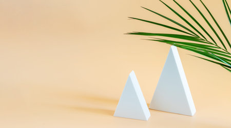 Minimal podium with geometric triangle shapes and palm branch element on the beige background....