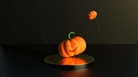 Nice happy pumpkin on the black with gold podium. Minimal Halloween background with pumpkin and space for your purposes, invitation. Happy Halloween holiday. 3d render illustration.の写真素材