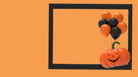 Happy Halloween background, 3d render illustration. Nice design of happy orange pumpkin with air balloons in frame for greeting card or party invitation.の写真素材