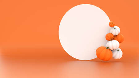 Levitating pumpkins and white blank on the orange background. Halloween background, banner with copy space for displaying your invitation or text. 3d rendering illustration. Halloween holiday minimal greeting card.の写真素材