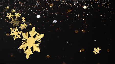Golden snowflakes on the glittering black background. Christmas snowflakes background, nice design for greeting card, poster, invitation. 3D rendering illustration. Levitating geometric shapes.の写真素材