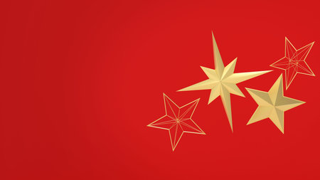 Golden digital stars on the red background. Set of variuos golden stars. 3d illustration, banner...