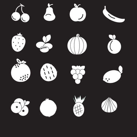 Fruit icons set on black background. Vector outline fruit collection. Vector illustration. Healthy diet concept.のイラスト素材
