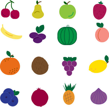 Fruit colorful icons set of sixteen fruits. Healthy eating concept. Vector illustration.のイラスト素材