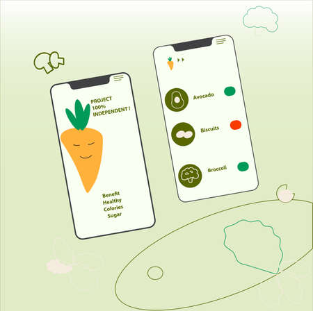 Healthy food mobile application concept. Mobile App with example of benefit and healthy fruits and vegetables on the light green background. Vector illustration.Healthy diet eating.のイラスト素材
