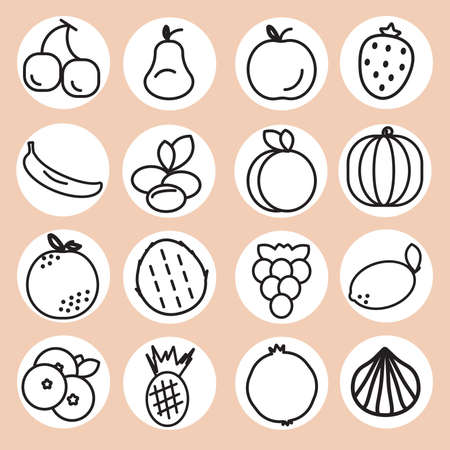 Set of sixteen fruit icons. Fruits black outlines on the white stickers, beige background. Healthy diet fruit eating. Vector illustration.のイラスト素材