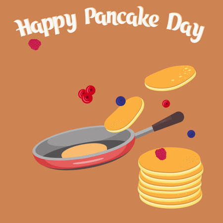 Fried pancakes in a frying pan, fresh berries, ready to eat. Beautiful design for happy Pancake Day. Bakery, homemade food, diy concept.のイラスト素材
