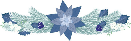 Christmas fir border with blue poinsettia, blue berries and mistletoe. Christmas garland in blue for home decoration. Vector illustration.のイラスト素材