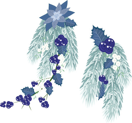 Christmas floral composition, pre-made scens with blue poinsettia , mistletoe and blue holly berries. Decoration for Christmas and New Year. Vector illustration.のイラスト素材