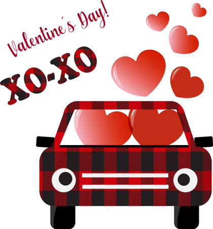 ValentineÂ´s Day car with red shaped hearts. ValentineÂ´s Buffalo cartoon car. Vector illustration, nice design for valentine.のイラスト素材