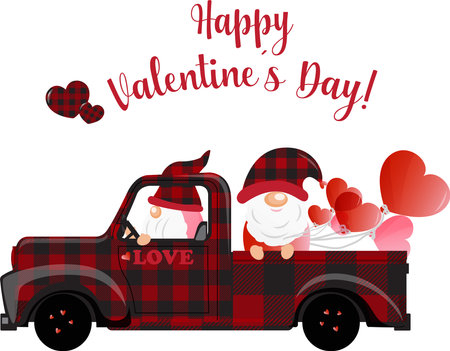 Buffalo plaid retro truck with cute gnomes, red and pink shaped hearts for ValentineÂ´s Day. Special delivery for Valentine. Vector illustration, nice design for greeting card, valentine.のイラスト素材
