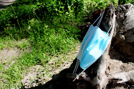 the root of a tree in a green park, on which a medical mask was hung