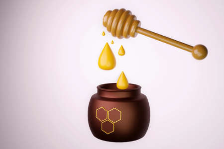 drops of honey falling from a spoon into a jar 3d renderingの写真素材