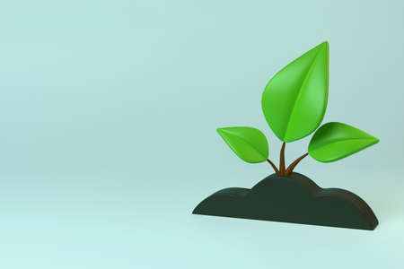 Realistic seedling growing in soil. Small green sprout with green leaves. 3d renderingの写真素材