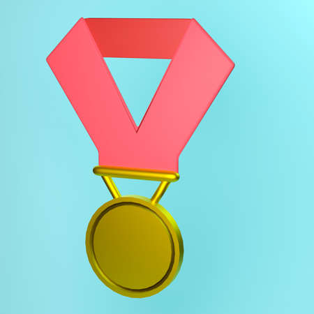3d illustration of a gold medal on a red ribbonの写真素材