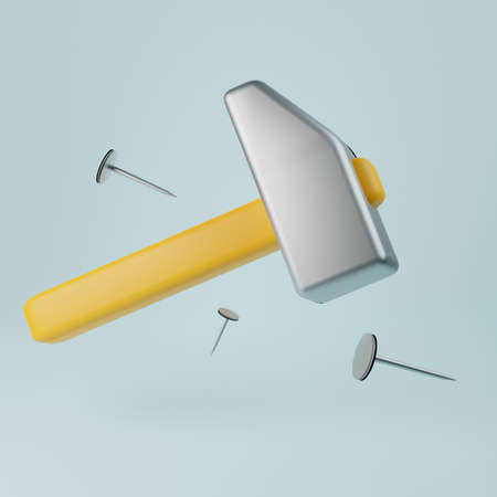 Hammer and scattered nails. 3D renderingの写真素材