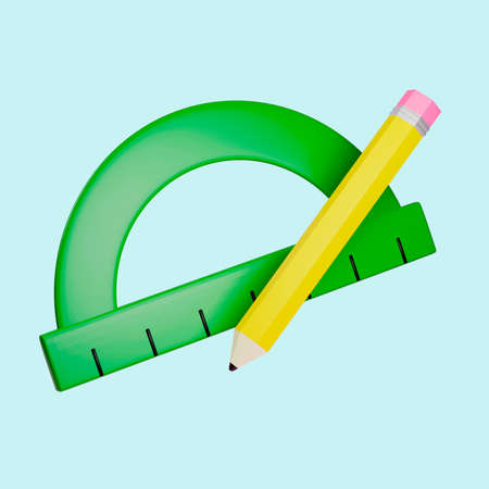 pencil draws lines with a protractor. Creates corners from geometry. 3d illustrationの写真素材