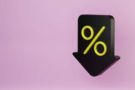 Percentage down, arrow icon with percent falling down. 3d illustrationの写真素材