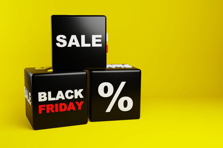Black friday cubes, sales and percentage on yellow background, 3d illustration