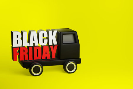 3d illustration of truck with black friday sign on yellow backgroundの写真素材