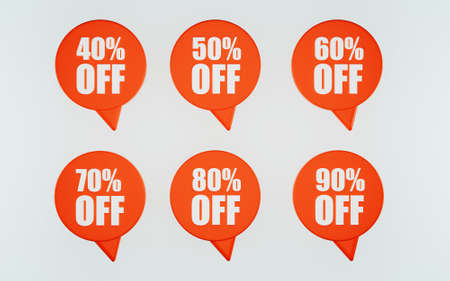 Sale tags set badges template, discount 40, 50, 60, 70, 80, 90 percent, red icon for discount or clearance sale. 3d illustrationの写真素材