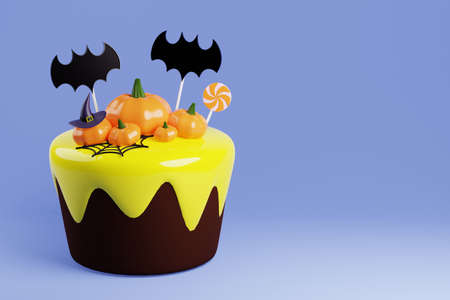 Halloween cake with pumpkins, bats and cobwebs, 3d illustrationの写真素材