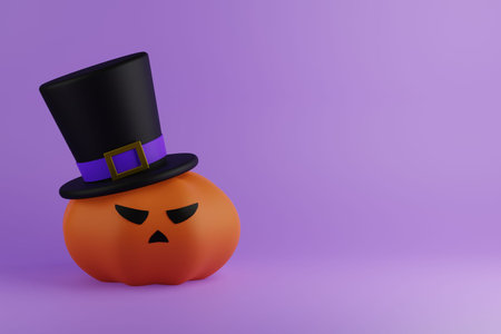 Halloween pumpkin with eyes and hat with top hat, 3D renderの写真素材