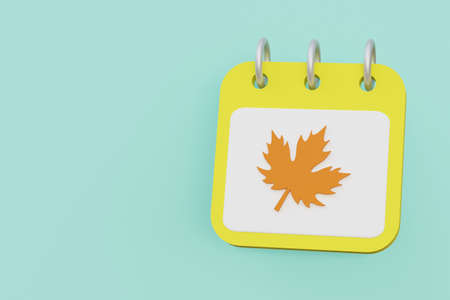 Yellow autumn calendar with maple leaf, 3d render illustrationの写真素材