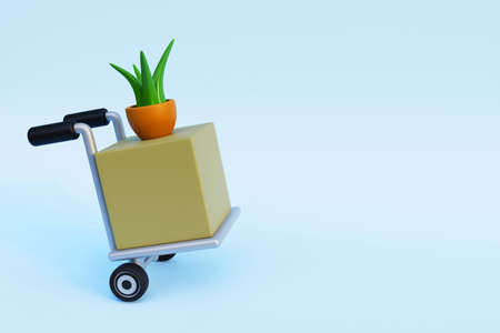 Box for moving on a trolley with a flower in a bowl, 3d render illustrationの写真素材