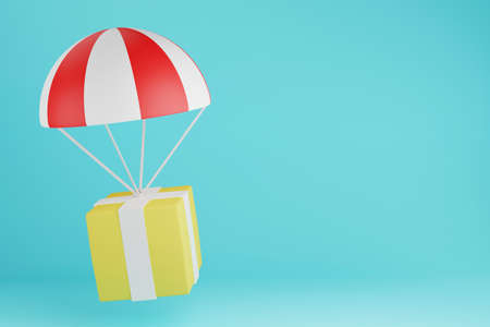 Parachute with cardboard box, delivery by air, 3d render illustrationの写真素材