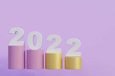 Text 2022 on gold podium or podium. Number 2022 creative typography, 3d render illustration.の写真素材