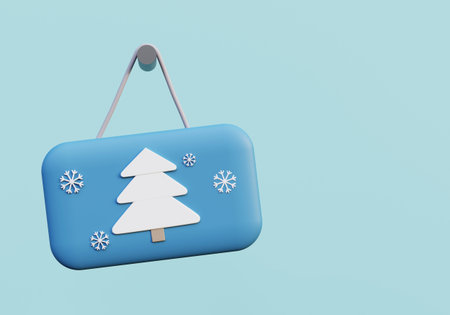 Blue plaque or signboard with christmas tree and snowflakes, 3d render illustration