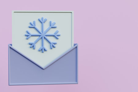 Leaf and snowflake in envelope isolated on pink background, 3d render illustrationの写真素材