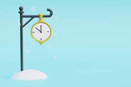 Vintage street gold clock in the snow, 3d render illustration