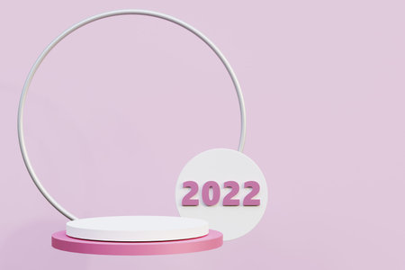 Studio with podium and cylindrical pink and white base and 2022 numbers. Realistic concept 3D background for New Year or Christmas 2022.の写真素材