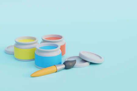 Multi-colored cans with colored paint brush and lids. 3d illustrationの写真素材