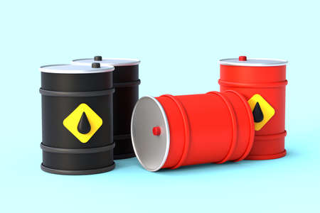 Group of black and red metal barrels for crude oil storage, 3d illustrationの写真素材