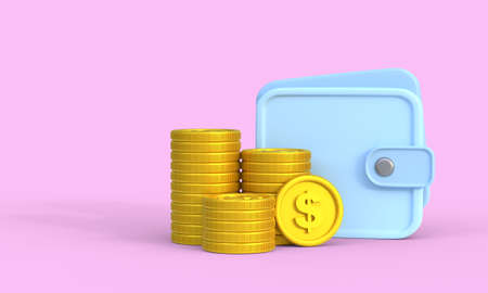 Blue wallet with yellow coins 3d icon illustration. stack of gold coinsの写真素材