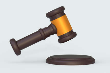 Wooden brown gavel of a judge, a glossy gavel for a court decision. Auction hammer with gold on a stand. Symbol of the system of law and justice. 3d illustrationの写真素材