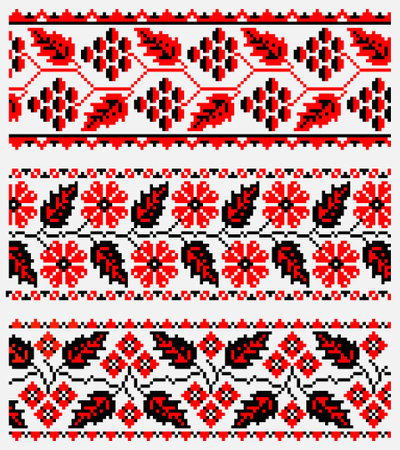 ethnic patterns for embroidery stitch in red and blackのイラスト素材