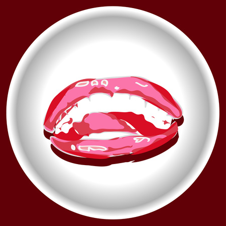 icon with Abstract red lips Monroe on face area on white plate. Sexy biting red lips. Abstract lipstick in the open mouth. Vector- illustration.のイラスト素材
