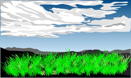 Green grass on dark hills with clouds background.のイラスト素材